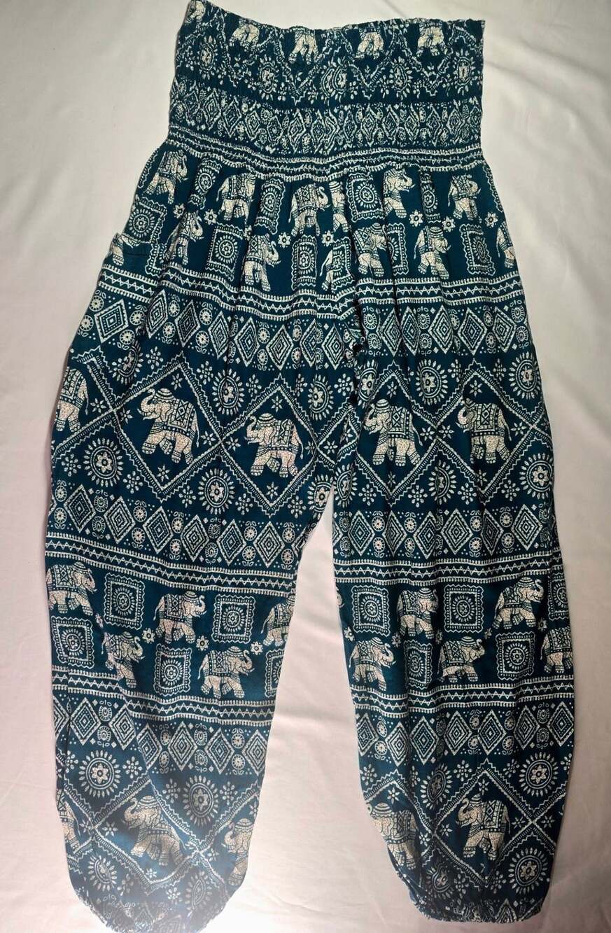 One Tribe Teal Elephant Print Smocked Waist Boho Harem Yoga Pants